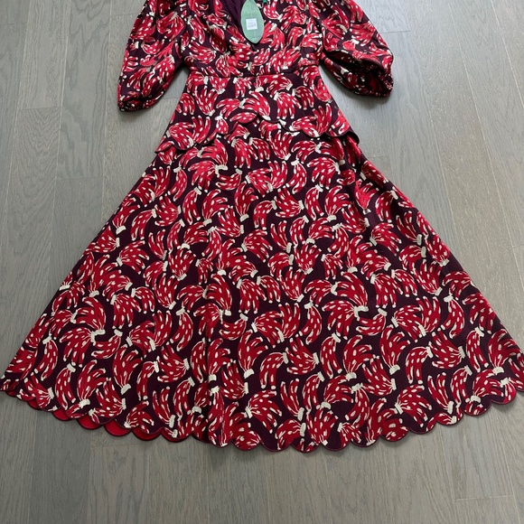 Farm Rio BOSSA Banana Metallic Midi Jacquard Dress Burgundy Red SMALL - w/ tags - Picture 4 of 8